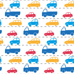 Different multi-colored cars isolated on a white background. Beautiful childish seamless pattern. Hand drawn vector graphic illustration. Texture.
