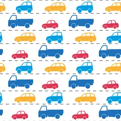 Wall murals Cars Different multi-colored cars isolated on a white background. Beautiful childish seamless pattern. Hand drawn vector graphic illustration. Texture.