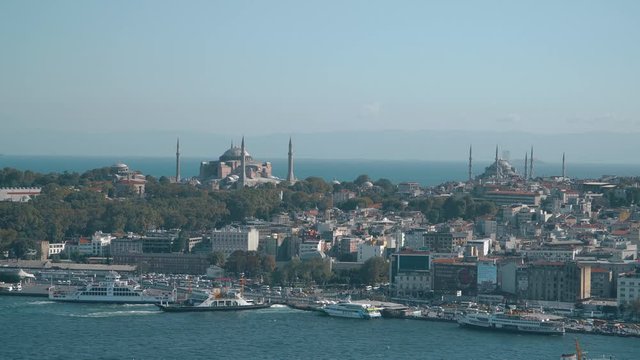 Aya Sofia and Sultanahmet Mosque against the backdrop of the marble sea 4k video