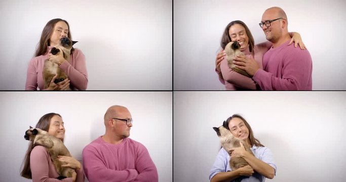 Collage shooting of portraits of a dark-haired woman and a bald man with glasses. They're wearing pink sweaters. They hold a Siamese cat in their arms. They stroke her, the Man emotes, improvises.