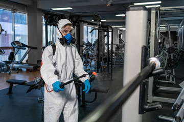 Cleaning and Disinfection in crowded places amid the coronavirus epidemic Gym cleaning and...