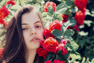 Obraz na płótnie Canvas Beautiful brunette woman natural face casual female portrait lifestyle beauty girl in red rosses garden in summer 