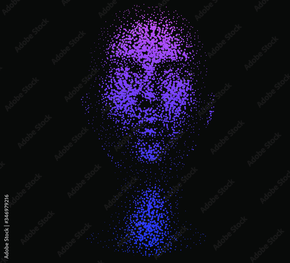 Poster Human head made of partices on dark background. Face made with generative computer art algorithm. Concept of artificial intelligence, Machine learning and neural networks.
