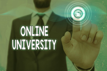 Handwriting text Online University. Conceptual photo Distance Learning Courses are taken over the...