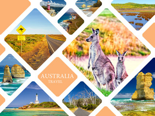 Photo collage of Australia. Great Ocean Road. Twelve Apostles. Travel - 346979878