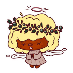 A small vector angel with black skin and blond hair, in a purple dress, flies on white wings. for illustration and design.