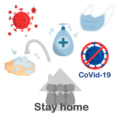 flat illustration on the theme of coronavirus. Sanitizer, hand wash, virus, face mask, stay home. Minimalistic icons for design.