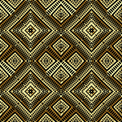 Gold 3d grid vector seamless pattern. Textured lace background. Repeat ornamental geometric backdrop. Lacy abstract surface ornaments. Decorative ornate symmetric design. Geometrical shapes, rhombus