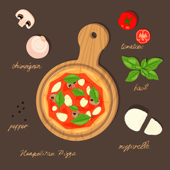 Vector illustration of delicious italian Cuisine. Neapolitan pizza on a wooden board with tomatoes, mozzarella, mushrooms and basil. Vegetarian food. For menu design.