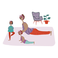 Illustration of mom with daughter occupations fitness at home. Freehand drawing illustrating the process of yoga parents with a child. Family drawing, kids wellness fitness exercise. Image shows