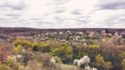 Top view of the forest, gardens and village in spring