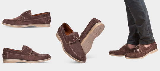 Men's summer suede brown loafers with laces and beige soles. isolated on a white background.Summer men's style. Men's classic style.