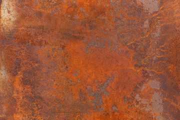 Orange red old rusty metal surface. An weathered oxidized patina with a copper color, texture and structure. Vintage material effect - obrazy, fototapety, plakaty