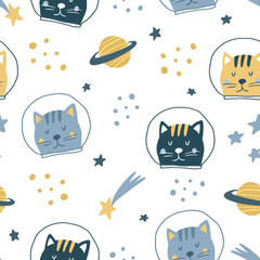 Joli motif dessiné à la main sans couture avec cosmonaute de chat, étoiles, espace. Style scandinave. Illustration vectorielle pour enfants, pépinière, tissu, etc.