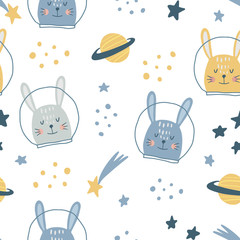 Joli motif dessiné à la main sans couture avec cosmonaute lapin, étoiles, espace. Style scandinave. Illustration vectorielle pour enfants, pépinière, tissu, etc.