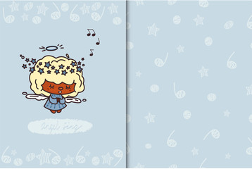Vector postcard singing angel on a blue background with the inscription, notes, stars and balls. Seamless pattern on a blue background with notes and stars. cartoon style.