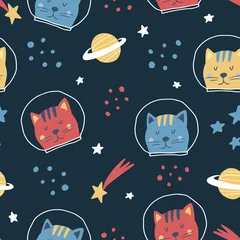 Foto op Plexiglas Kosmos Leuk naadloos handgetekend patroon met kattenkosmonaut, sterren, ruimte. Scandinavische stijl. Vectorillustratie voor kinderen, kinderdagverblijf, stof enz