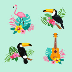 Toucan bird, flamingo, ukulele with exotic tropical leaves and flowers. Tropical compositions. Vector illustration © mejorana777