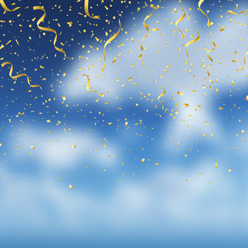 Gold Confetti On Blue Sky Background