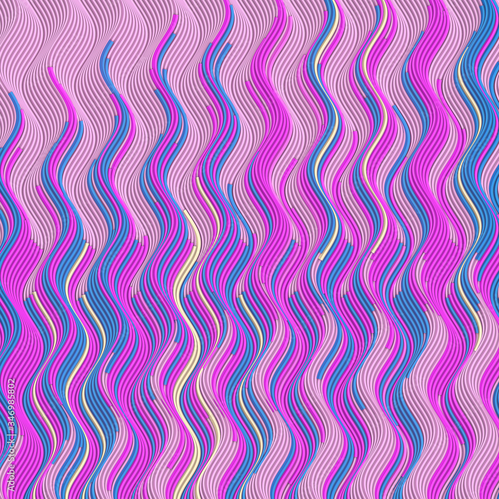 Poster 3d render vertical colored lines on pink wave backdrop. Abstract template design