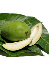 Close Up of Fresh Mango with Leaves Isolated on White Background with Selective Focus