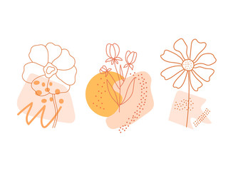 Beautiful neutral orange flowers set with modern geometric shapes isolated on white background. Trendy floral vector illustration. Hand drawn outline botanical for logo design, floral cards, prints.