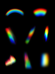 small abstract colorful rainbow light leak prism flare photography overlay on black background