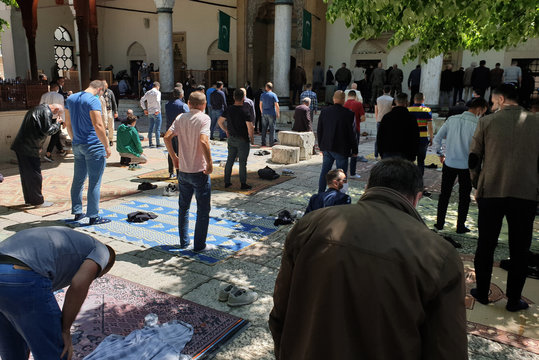 Friday Ramadan pray/Sarajevo, Bosnia and Herzegovina, May 08, 2020. Muslims are taking the weekly prayer jumu'a, during Ramadan month in the Old Town Mosque of Sarajevo during epidemic corova virus.
