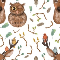 Pattern. Deer and owl on a white background with branches and feathers.