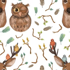 Garden poster Little deer Pattern. Deer and owl on a white background with branches and feathers.