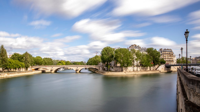 Paris, France - May 1, 2020: West end side of Ile St Louis in Paris. Long exposure photography