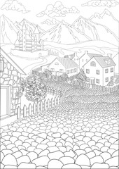 Coloring book for adults with cute village and beautiful castle in the background - 346995004