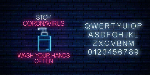 Stop coronavirus neon sign with liquid soap. COVID-19 virus caution symbol in neon style with alphabet. Coronavirus disease prevention sign. Vector illustration. Shiny world pandemic alert design