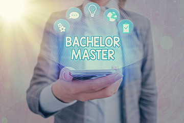Text sign showing Bachelor Master. Business photo showcasing An advanced degree completed after...