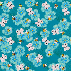 Fototapeta na wymiar Forget me not flowers, bees and butterflies seamless vector pattern. Summertime meadow surface print design. For fabrics, stationery and packaging.