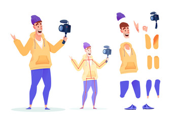 Vector flat video blogger streamer animation set