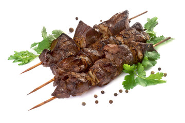 liver kebab with herbs and spices on a white background