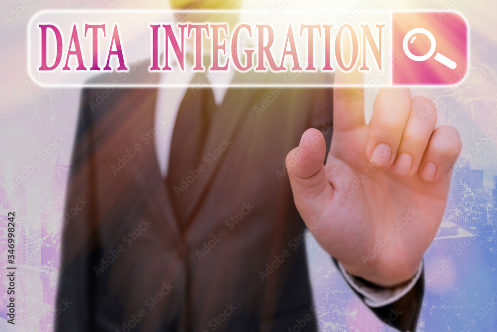Poster writing note showing data integration. business concept for combination of technical and business pr