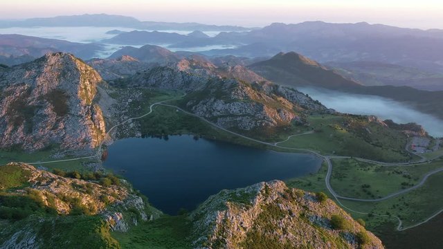 Mountain lake at sunset in Picos de Europa Natural Park. Spain