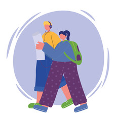 young couple walking with map and listen music