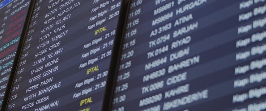 Flight schedule timetable board in Istanbul Airport, changing the language. BMPCC 4K