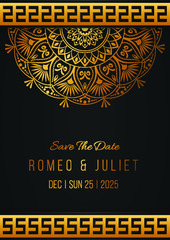 luxury wedding invitation templates with golden mandalas on a black background