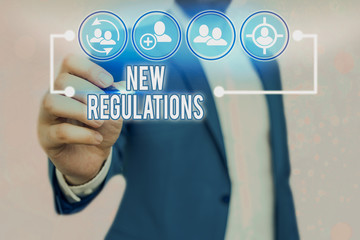 Text sign showing New Regulations. Business photo text Regulation controlling the activity usually...