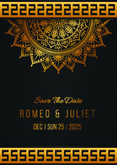 luxury wedding invitation templates with golden mandalas on a black background