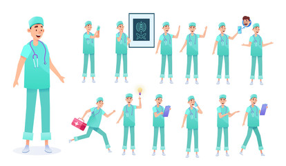 Vector flat surgeon doctor animation creation set
