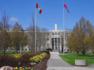 HAMILTON, CANADA - MAY 2019: The campus of McMaster University, with the path leading to the main...