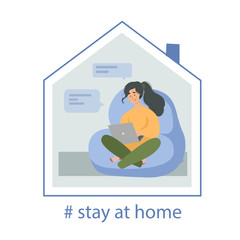 Work online from home during quarantine. Woman with a computer in an armchair. Freelancer or training. Cute vector in a flat style. Social distancing and self-isolation during corona virus COVID-19.