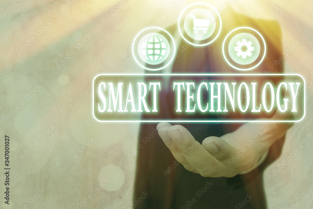 Poster text sign showing smart technology. business photo text gadgets or device that has a built in comput
