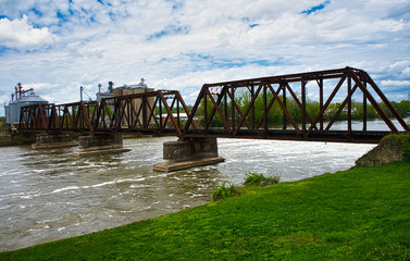 Rail road steel bridge over the Muskingum river in Zanesville Ohio USA