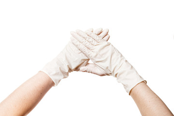 two hands in a medical sterile gloves shows wrist in front of you, close up concept mock up isolated on white background.